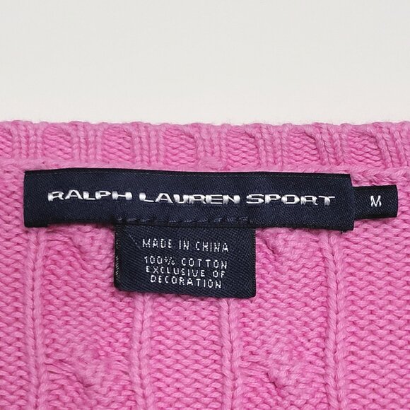 Ralph Lauren Sport Womens Cotton Cable Knit Sweater Size M Pink V-Neck Preppy - Picture 8 of 9